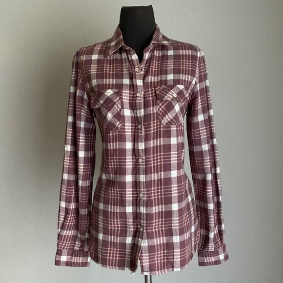 Merona sz S burgandy 100% cotton button down plaid‎ shirt - Picture 1 of 9